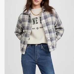BLANK NYC WOMEN’S PLAID TWEED  SHIRT JACKET BLUE CREAM SZ L